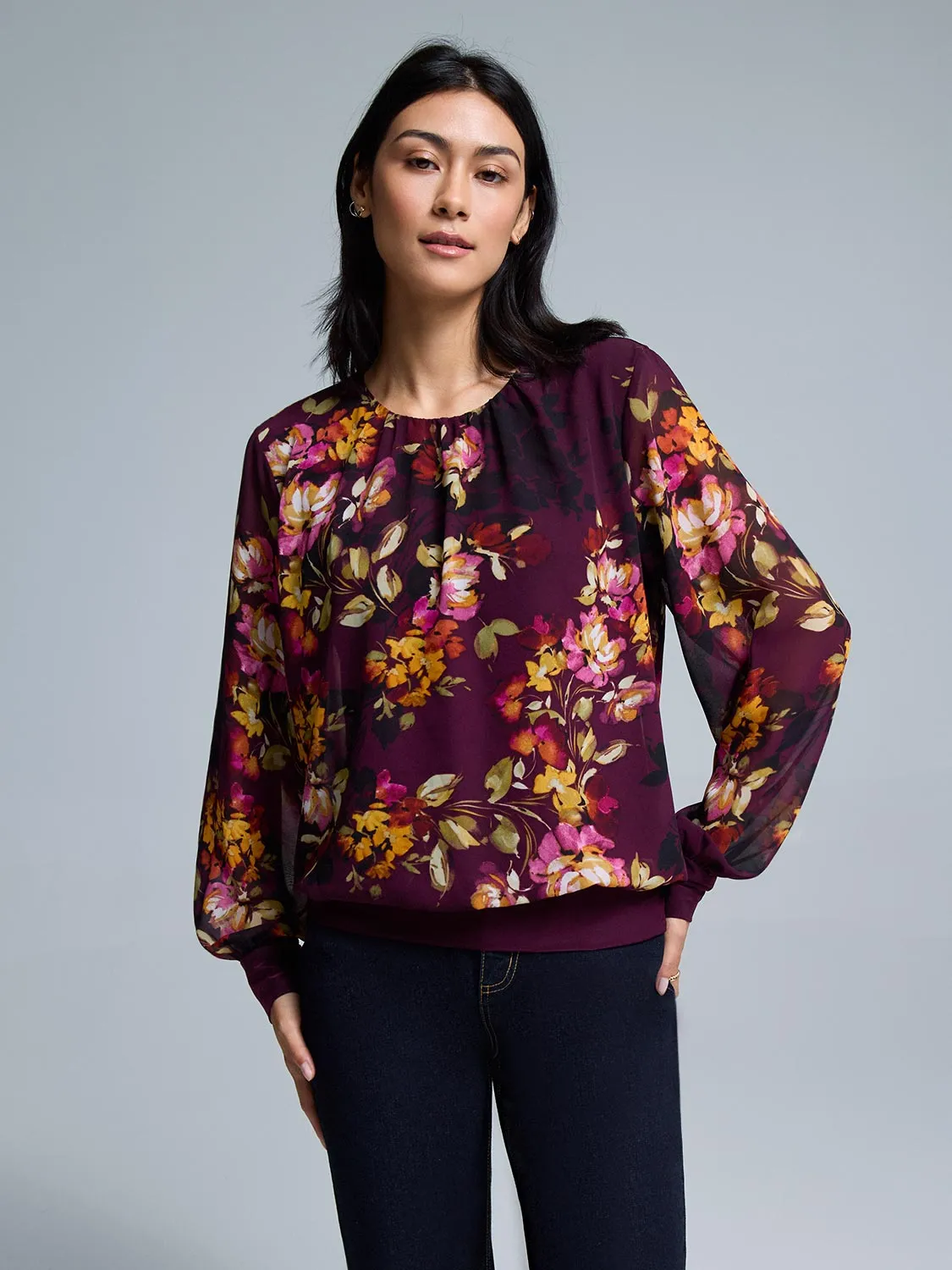 Minimal Mood ButterySoftTexture Floral Chiffon Popover Top