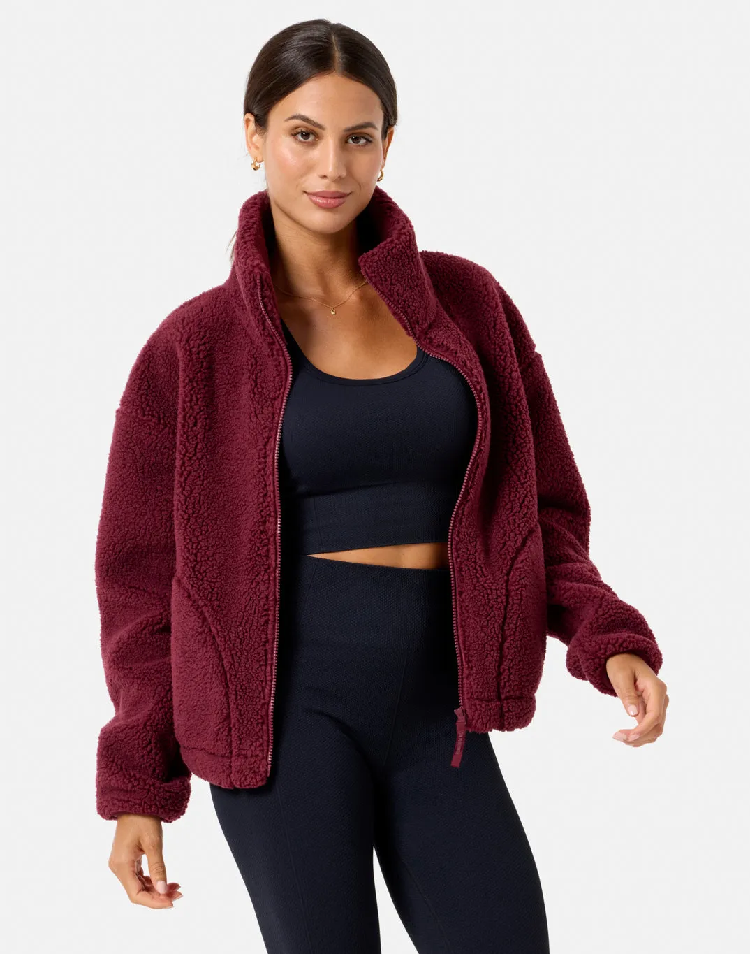Soft Style Industry Fleece High Collar Jacket in Cherry Crush