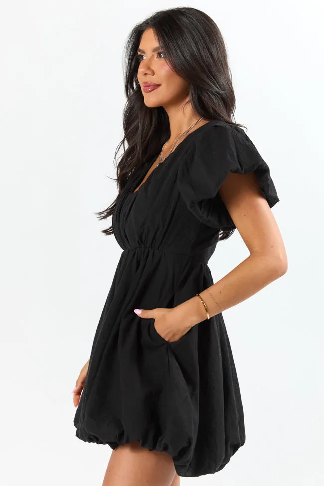 Modern and Feminine Fresh Appeal Almost Daylight Black Bubble Hem Mini Dress SALE