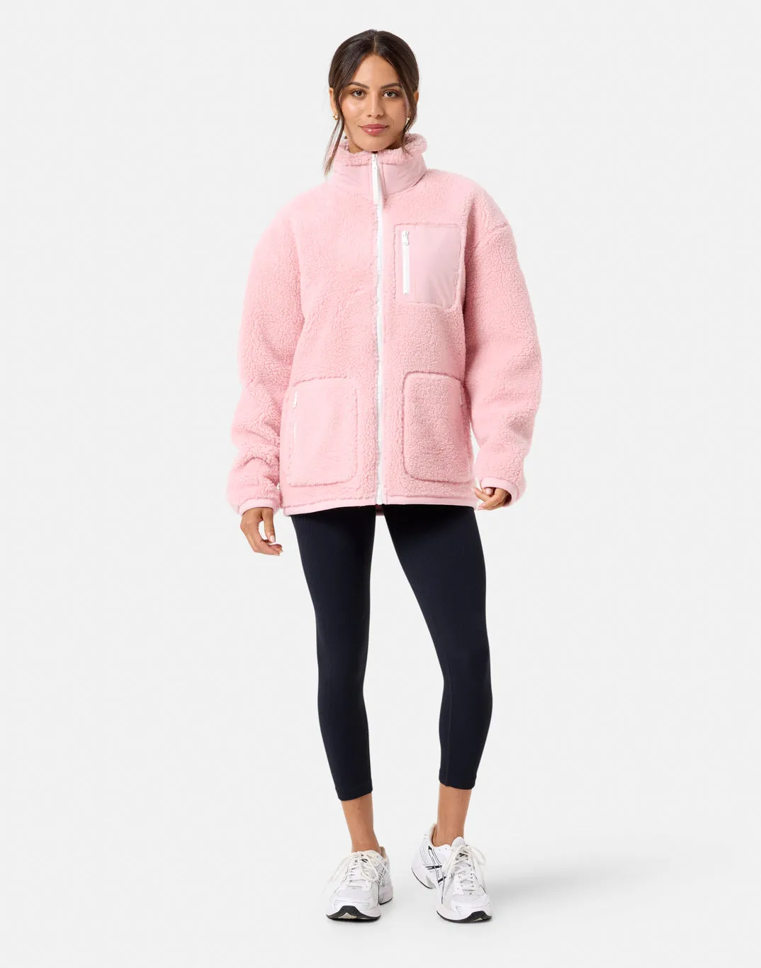 Stretch Movement Wireless Headphone Pocket Industry Fleece Jacket in Dusty Pink