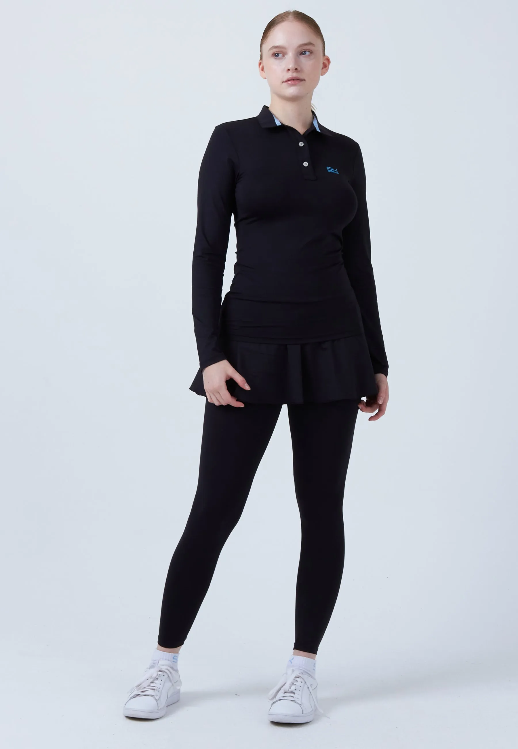 Women Tennis Longsleeve Polo Shirt, black Comfy Flex Comfortable Stretch