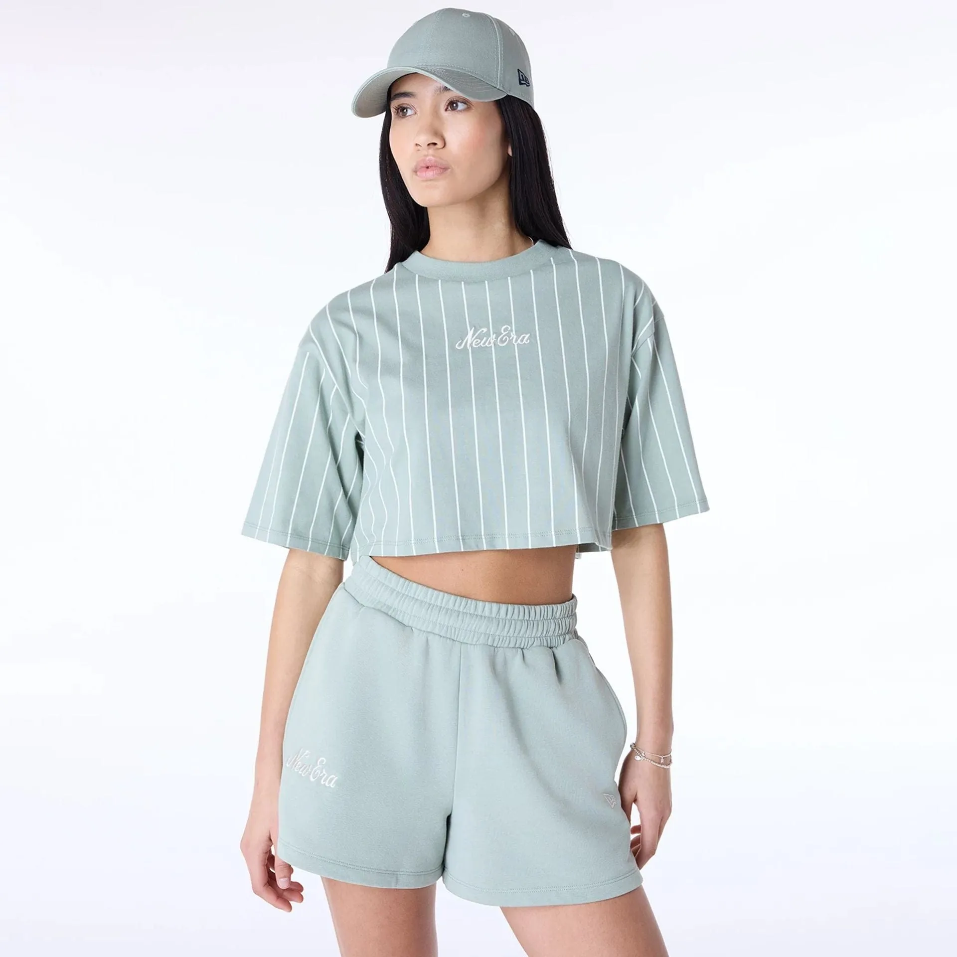Womens New Era Pinstripe Pastel Green T-Shirt FadeResistant Coating Active Wear Fit