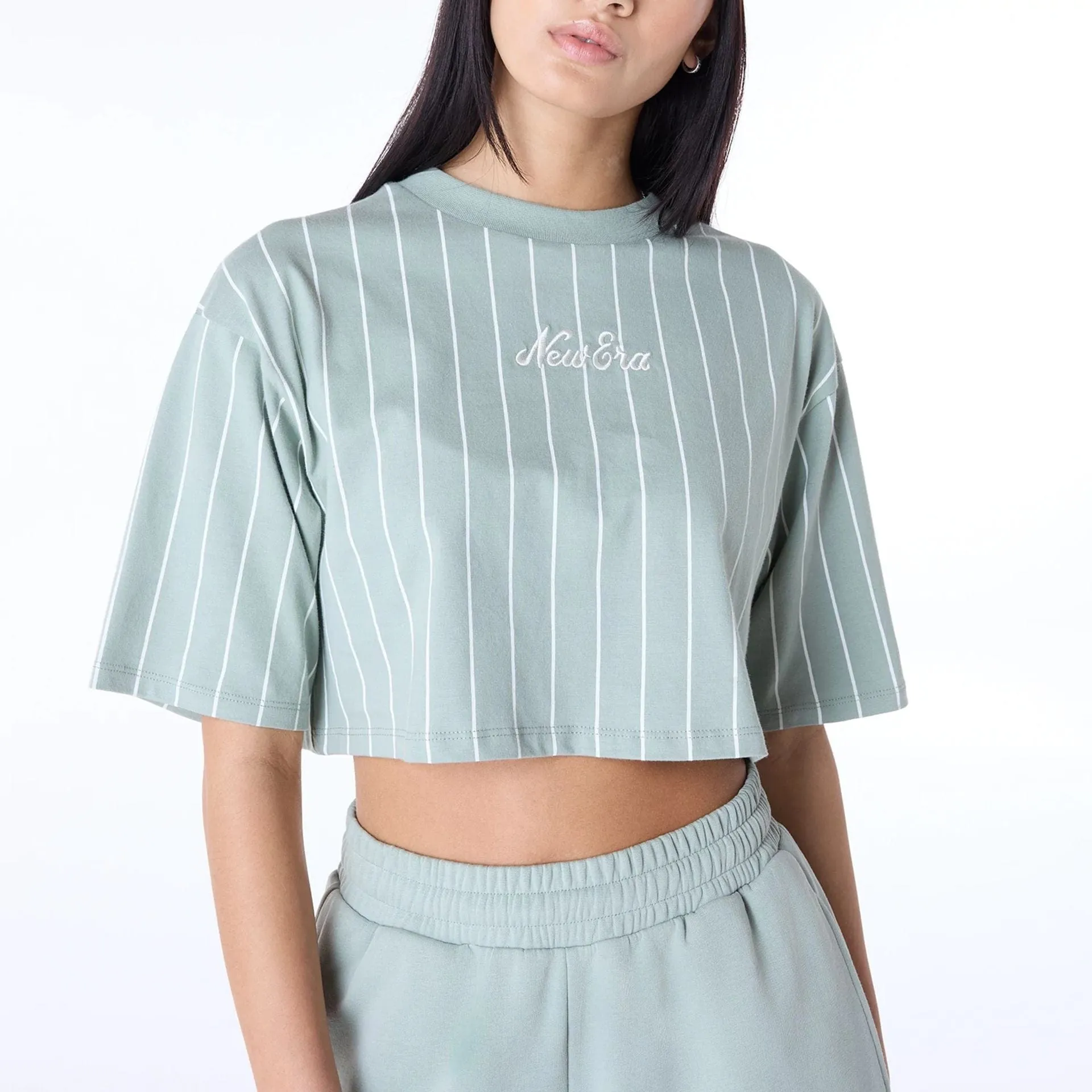 PreShrunkCotton Weekend Ready Womens New Era Pinstripe Pastel Green T-Shirt