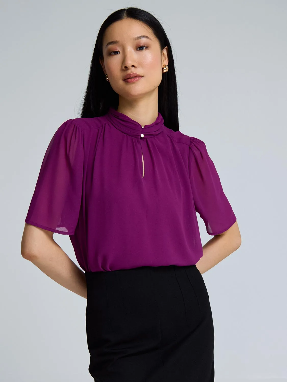 Relax Vibe Chiffon Pleated Mock Neck Top