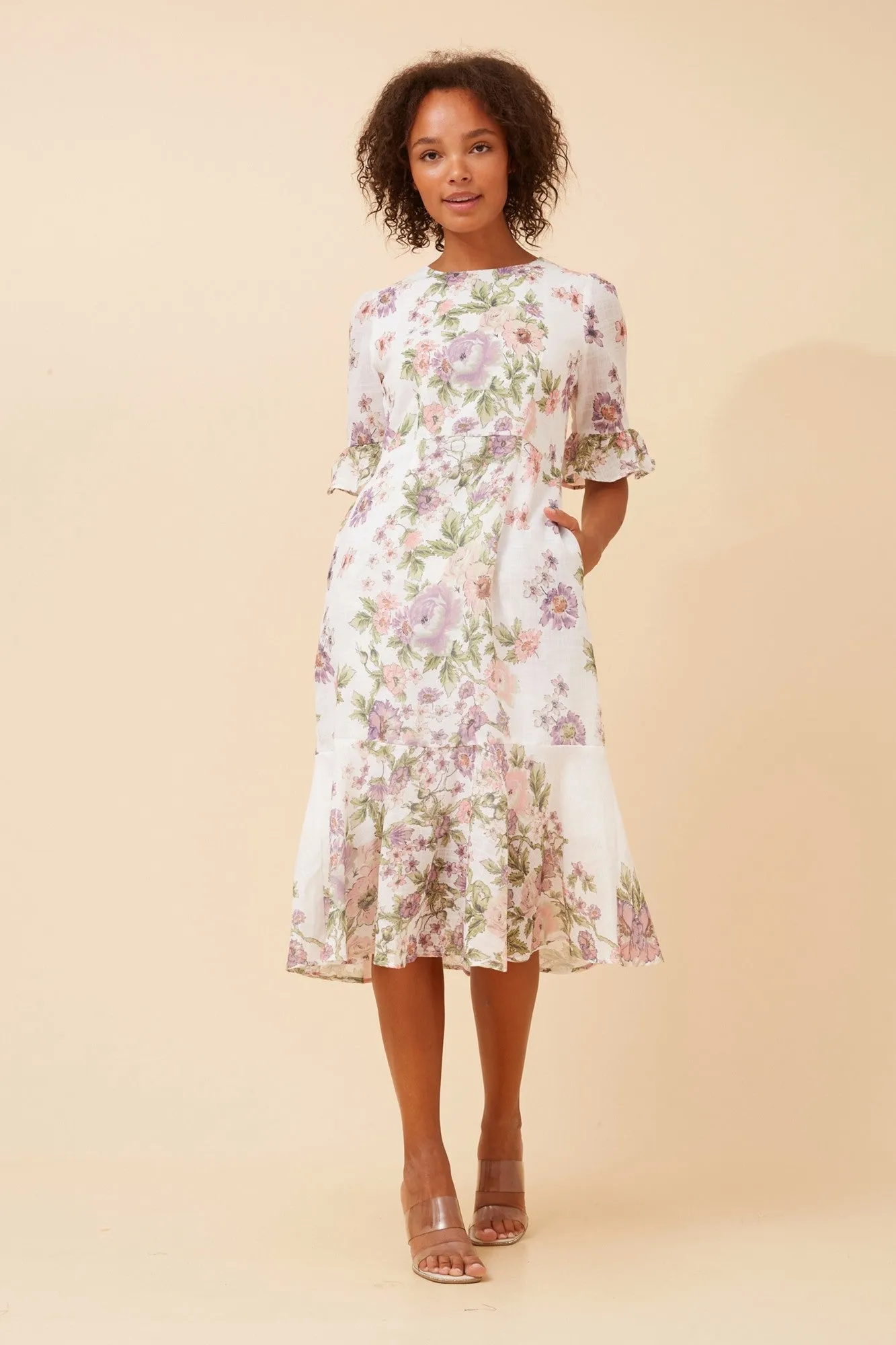 Cozy Silhouette ZALYN FLORAL LINEN BLEND DRESS